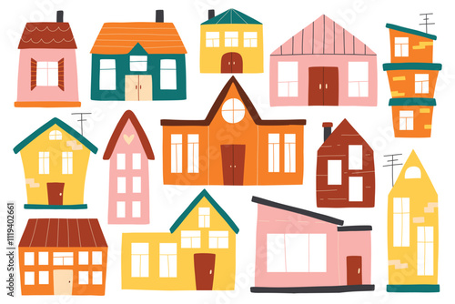 Set of houses in boho style. Vector collection of clip arts with houses in hand-drawn style. Isolated simple houses.
