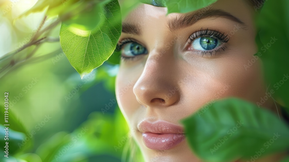 A close-up of a person with a leafy green background, highlighting the connection to nature and the outdoors, creating a sense of tranquility and freshness A close-up of a person with a leafy green background, highlighting the connection to nature and the outdoors, creating a sense of tranquility and freshness