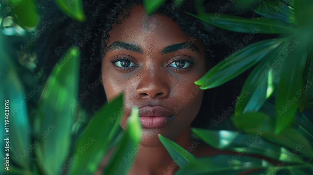 A close-up of a person with a leafy green background, highlighting the connection to nature and the outdoors, creating a sense of tranquility and freshness A close-up of a person with a leafy green background, highlighting the connection to nature and the outdoors, creating a sense of tranquility and freshness