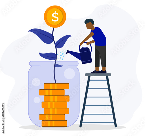 Investment growth concept with man climbs ladder to watering money plant on jar. Financial growth, bank deposit income, wealth. money investment, increase revenue. Flat vector illustration. 
