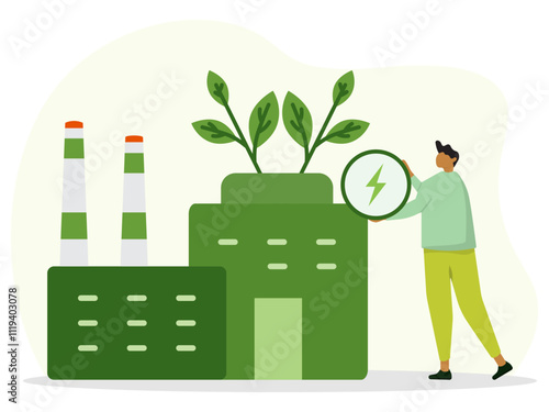 Sustainable clean industrial factory, renewable energy sources and green electricity. Eco friendly enterprise, protection of the environment and ecology. 