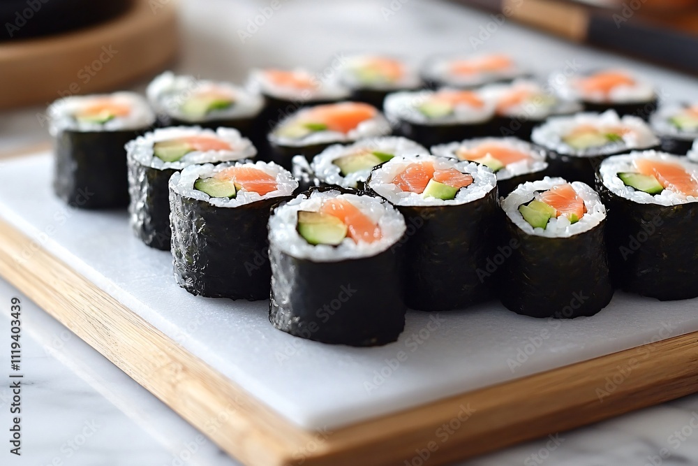 Freshly Rolled Sushi on a Bamboo Cutting Board Presentation Freshly Rolled Sushi on a Bamboo Cutting Board Presentation