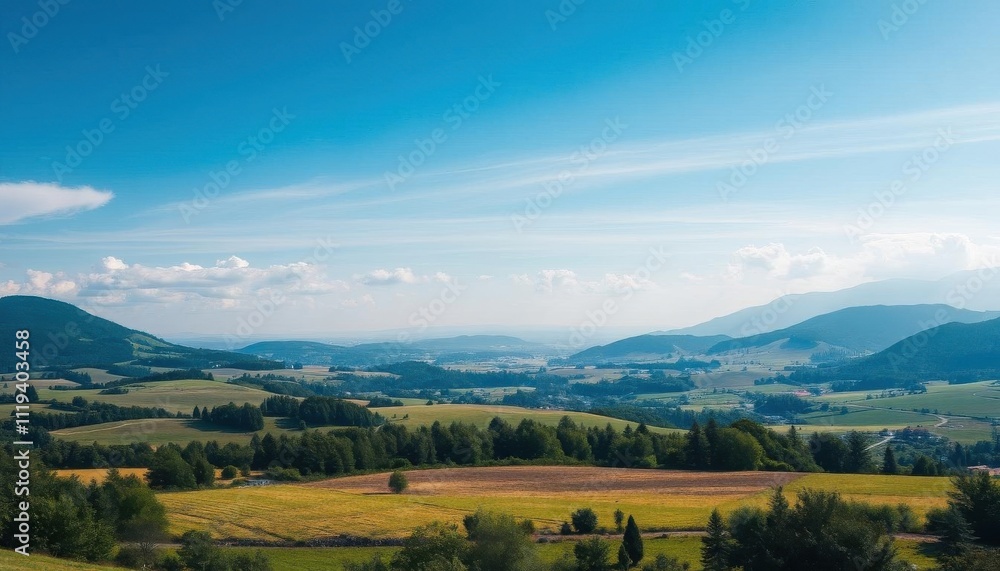 a view of a valley with a few trees and hills in the background a view of a valley with a few trees and hills in the background