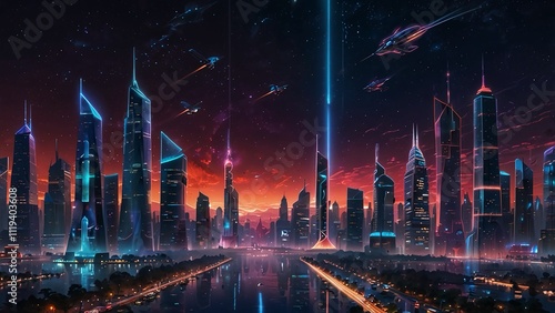  A futuristic cityscape illuminated by neon lights, with flying vehicles zipping through skyscrapers and a glowing holographic skyline under a starry night sky photo