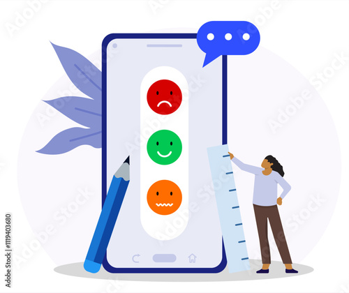 Woman choose feedback with some emoticon style. Character filling survey form. Flat vector illustration. 