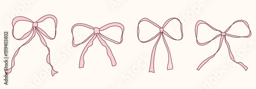 Cute pink hand drawn bow set with ribbons. Minimalist bowknot for wedding, birthday, christmas cards, poster, tattoo, gift, frames. Vintage coquette bows. Doodle Sketch elements. Isolated vector illus