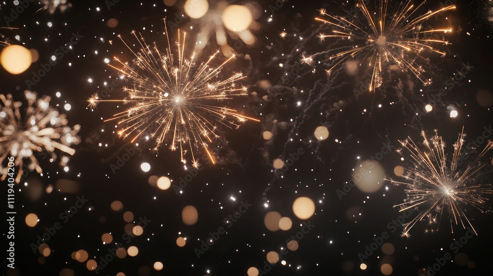 Fototapeta premium A close-up shot of sparkling fireworks bursting in midair, illuminating the night sky against a dark solid background, with a lot of empty space for text.
