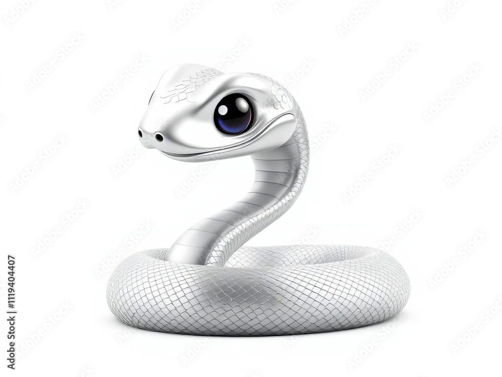 A silver colored snake with a black head is sitting on a white background A silver colored snake with a black head is sitting on a white background