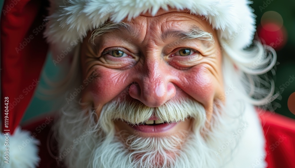 Close-up of Santa Claus' Face with a Warm Smile and His Signature Red Hat. Close-up of Santa Claus' Face with a Warm Smile and His Signature Red Hat.