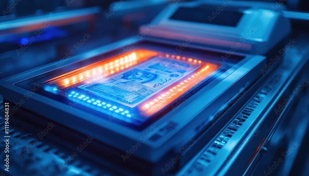 A futuristic banknote scanner glowing under cool ambient light, cinematic focus and sharp contrasts A futuristic banknote scanner glowing under cool ambient light, cinematic focus and sharp contrasts