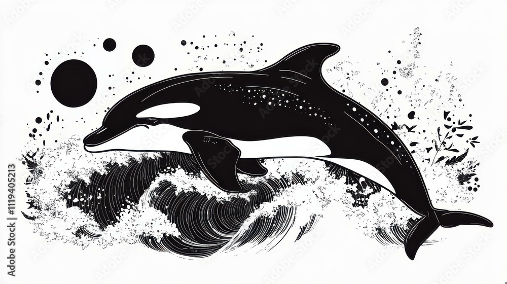 Obraz premium Black and White Orca Leaping Through Waves