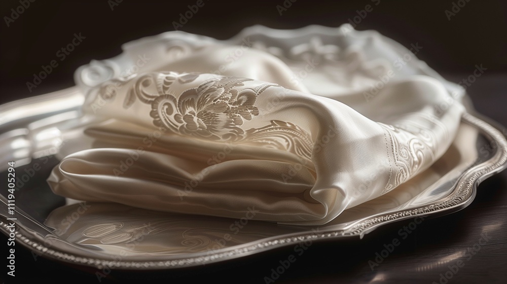 A detailed image of a silk handkerchief with an elegant embroidered design, isolated on a smooth silver tray, highlighting its intricate pattern. A detailed image of a silk handkerchief with an elegant embroidered design, isolated on a smooth silver tray, highlighting its intricate pattern.