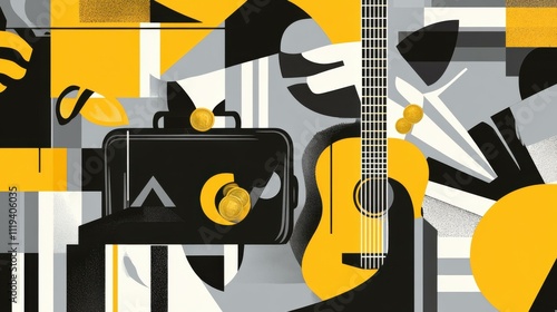 Abstract Guitar Art: Geometric Shapes and Musical Notes