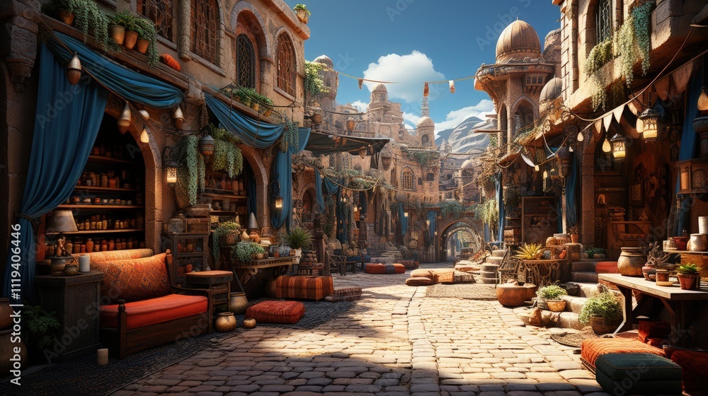 Naklejka premium A bustling Moroccan souk with colorful textiles