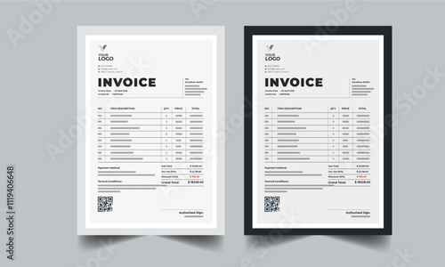 Business invoice template. Money bills, Price invoices, Tax form, Payment agreement, Bill or Payment receipt page layout design with 2 page color full concept design