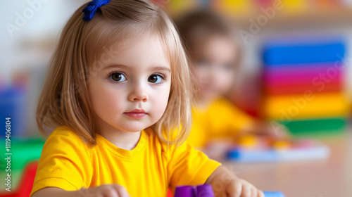 A girl child in a yellow shirt is engaged with colorful building blocks in a bright classroom setting