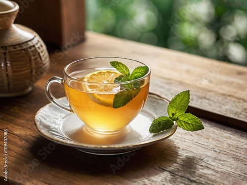 A glass cup of honey-lemon tea garnished with lemon slices, accompanied by honey and mint, set on a wooden table.