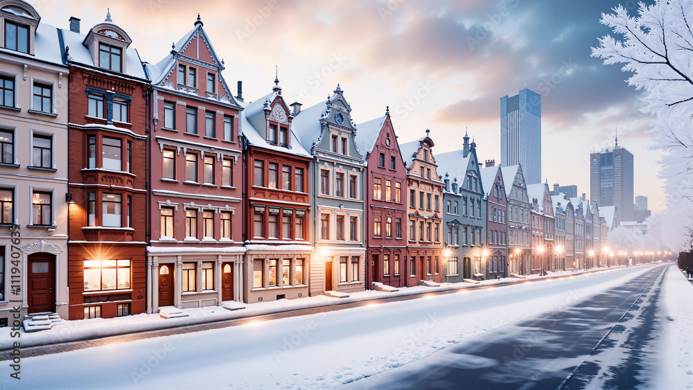 Naklejka premium In the city with old buildings, in winter, covered with snow. Winter background. AI generated.
