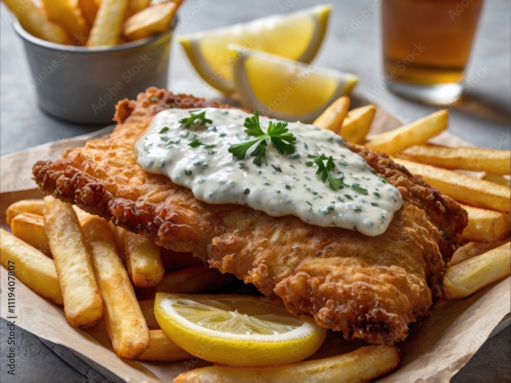 A golden, crispy fish fillet with fries, lemon wedges, and tartar sauce. A golden, crispy fish fillet with fries, lemon wedges, and tartar sauce.