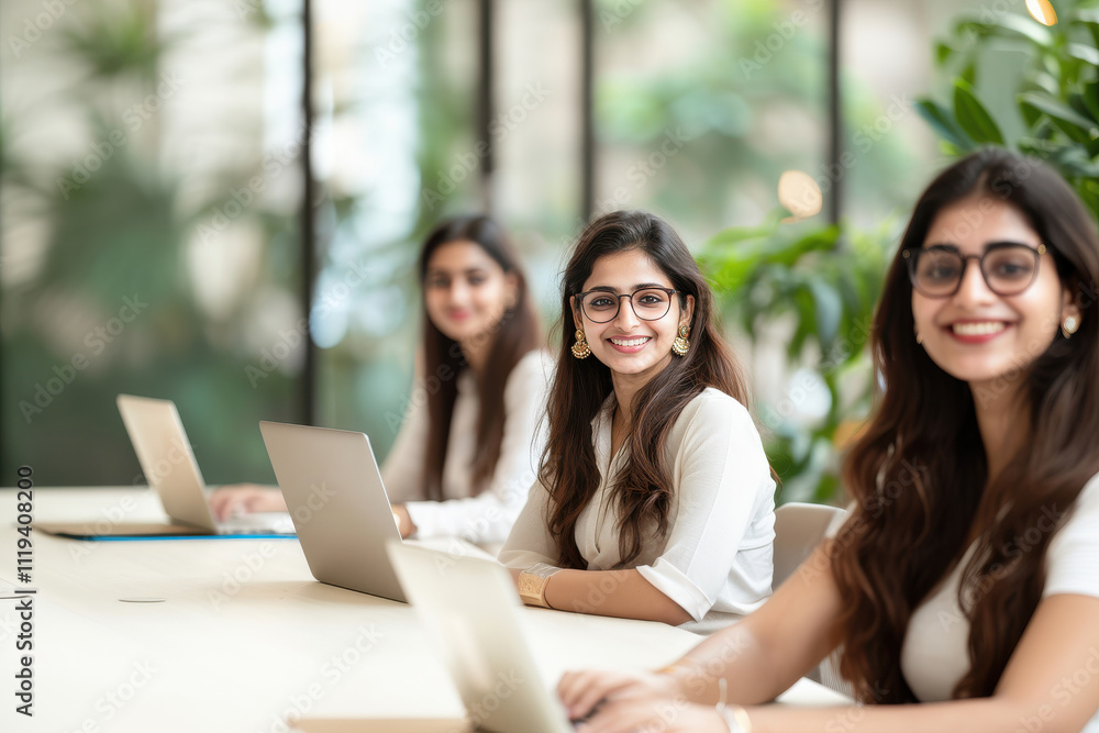 young indian woman working on laptop at office young indian woman working on laptop at office
