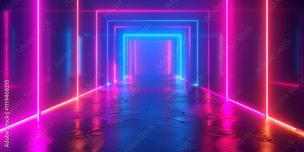Vibrant neon light elements creating an abstract border pattern, glowing brightly in contrasting colors on a deep blue background, ideal for an immersive night party experience. Vibrant neon light elements creating an abstract border pattern, glowing brightly in contrasting colors on a deep blue background, ideal for an immersive night party experience.
