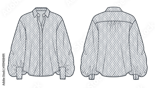 Womens Blouse technical fashion illustration, geometric pattern. Balloon Sleeve Blouse fashion design, button collar, cuffs, front and back view, grey, women CAD mockup.