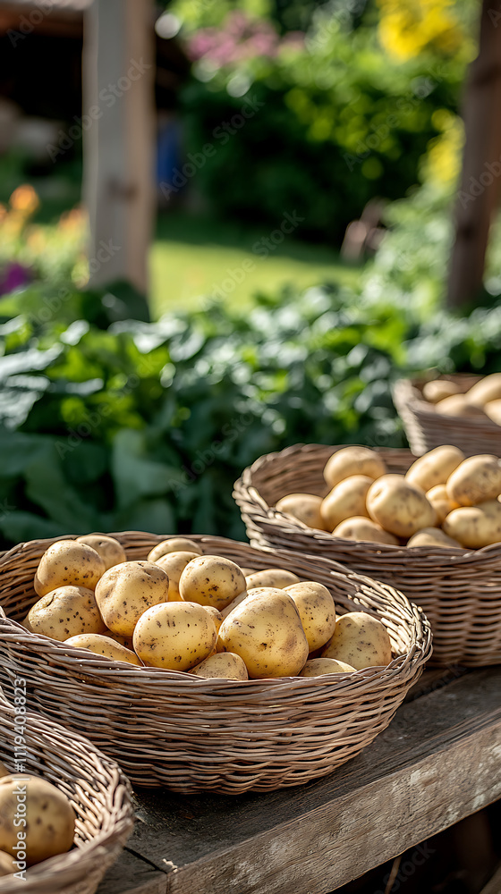 A rustic basket filled with large, fresh potatoes, emphasizing their quality and freshness, ideal for roasting or boiling to create comforting and delicious meals. A rustic basket filled with large, fresh potatoes, emphasizing their quality and freshness, ideal for roasting or boiling to create comforting and delicious meals.