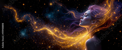 Ethereal Woman with Flowing Hair Merging into a Vibrant Cosmic Nebula.