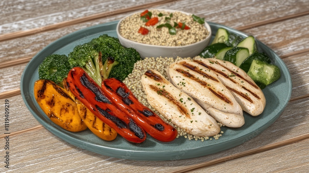 A healthy meal featuring grilled chicken, vegetables, and couscous on a plate. A healthy meal featuring grilled chicken, vegetables, and couscous on a plate.