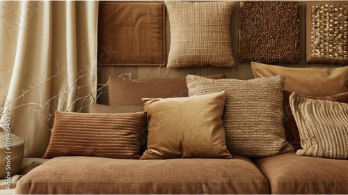 Cozy Living Room Decor: Brown and Beige Pillows and Sofa. Neutral Colors, Velvet Textures, and Comfortable Ambiance for a Relaxing Home Interior Design. photo