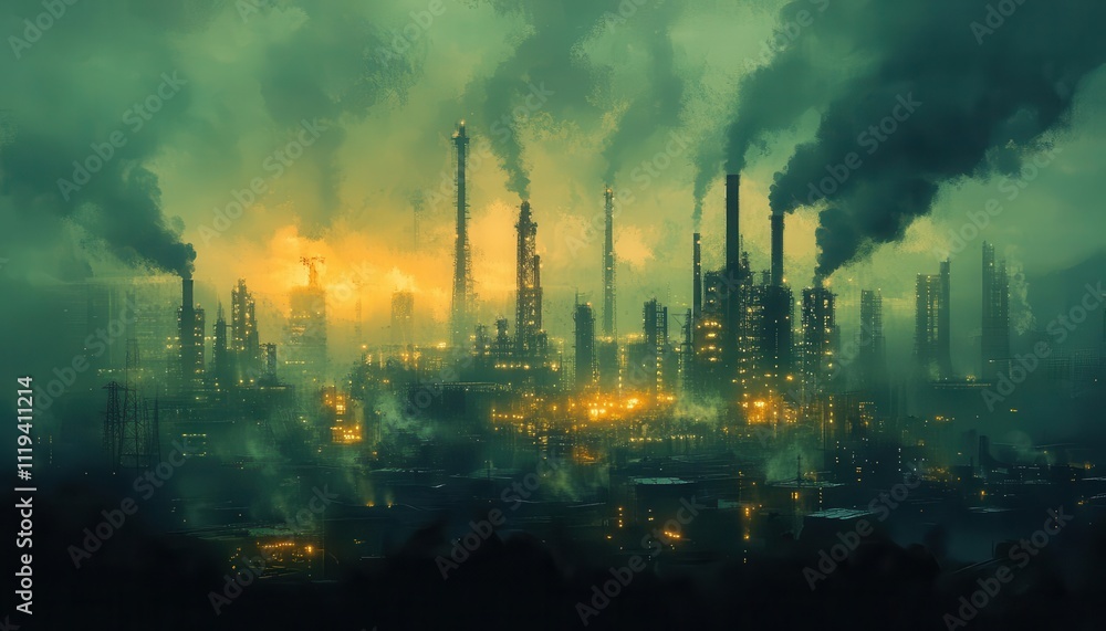 Obraz premium A serene industrial scene where capital investment is represented by glowing factories and cash, cinematic depth