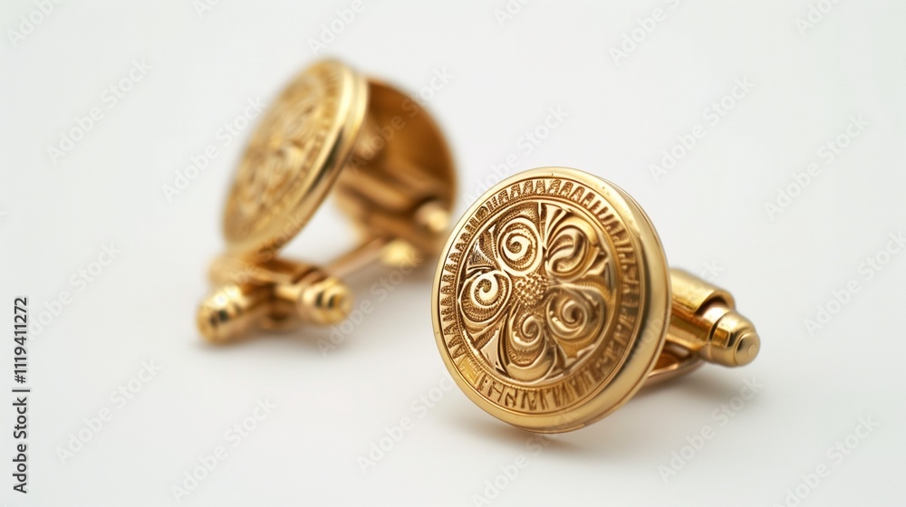 A pair of gold cufflinks with engraved details, isolated on a clean white background, capturing their elegant and refined design. A pair of gold cufflinks with engraved details, isolated on a clean white background, capturing their elegant and refined design.