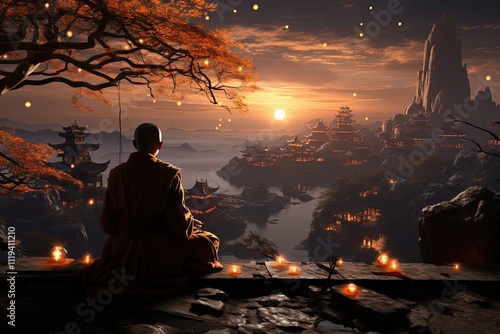 A solemn Buddhist monk receiving alms at sunrise photo