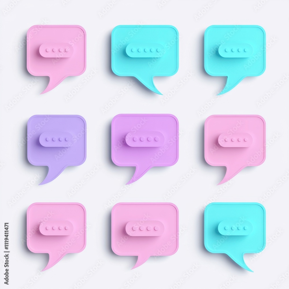 Colorful 3d chat bubbles in pastel hues arranged in a grid Colorful 3d chat bubbles in pastel hues arranged in a grid