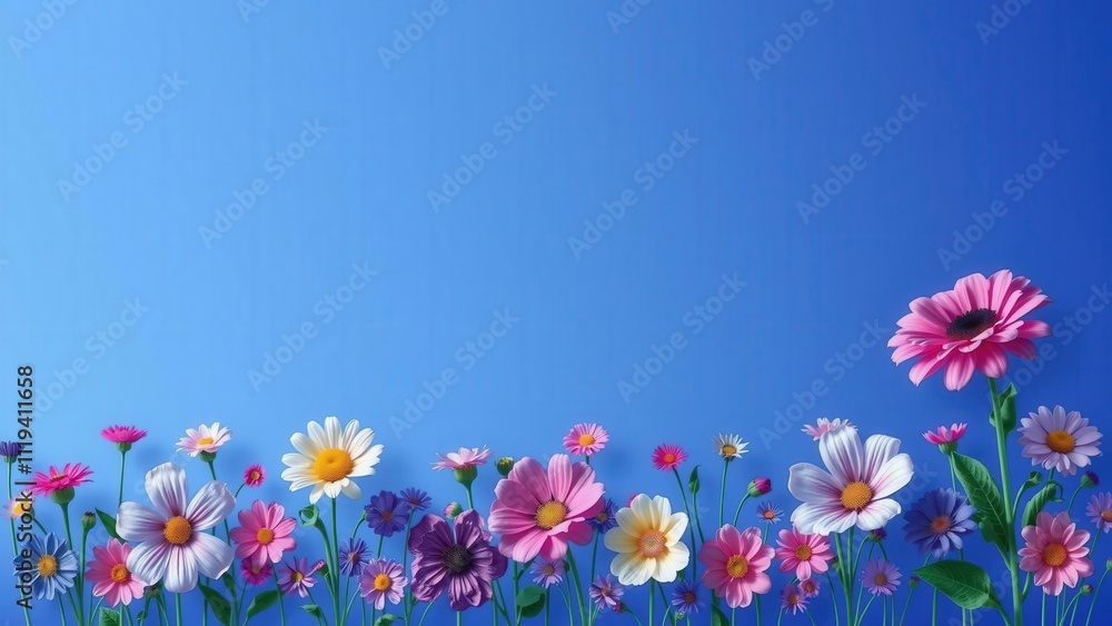 Springtime Garden: A Vibrant Floral Arrangement on a Blue Background, Perfect for Home Decor and Greeting Cards Springtime Garden: A Vibrant Floral Arrangement on a Blue Background, Perfect for Home Decor and Greeting Cards