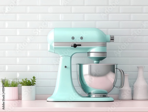 Retro-style mint green stand mixer on kitchen counter with brick tile backsplash photo