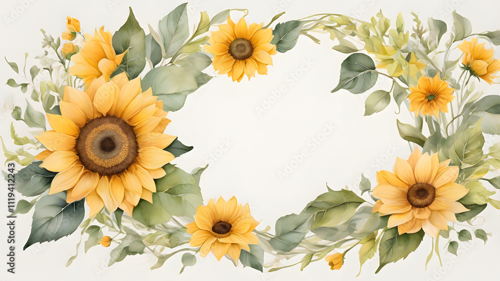 Naklejka premium A cheerful watercolor painting of a vibrant sunflower wreath. Perfect for adding a touch of warmth and happiness to any design.