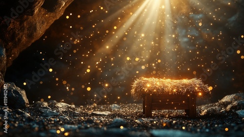 A glowing manger in a cave, divine light beams shine, abstract defocused bokeh evoking the miracle of Christmas