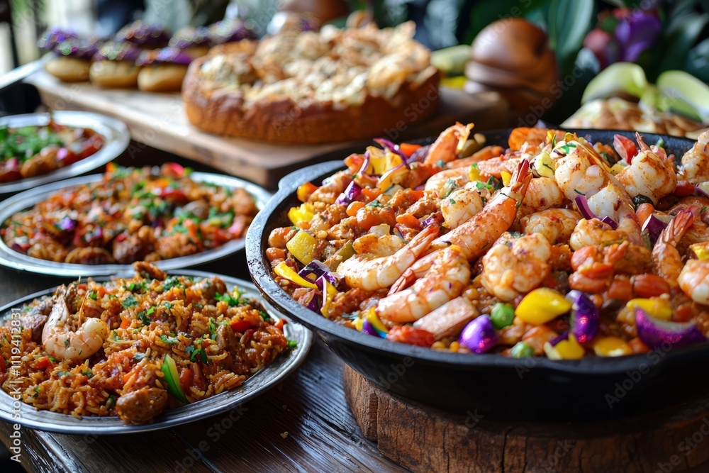 A joyful Mardi Gras feast with gumbo, jambalaya, and king cake. Friends and family are enjoying the colorful A joyful Mardi Gras feast with gumbo, jambalaya, and king cake. Friends and family are enjoying the colorful