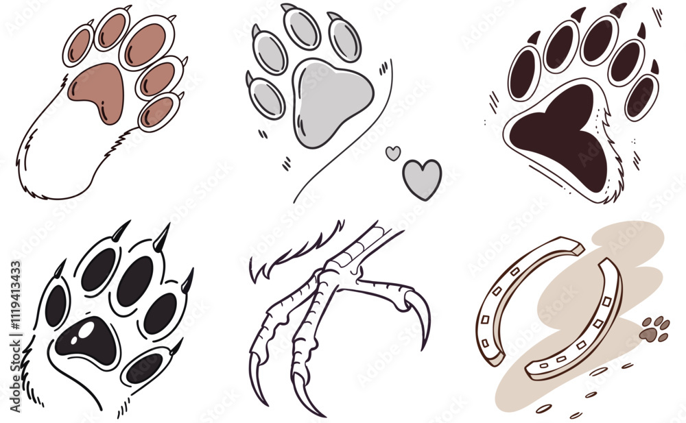 Fototapeta premium Realistic Dog Paw, Cat Paw, Bear Paw, Wolf Paw, Bird Claw, and Horse Hoof Prints