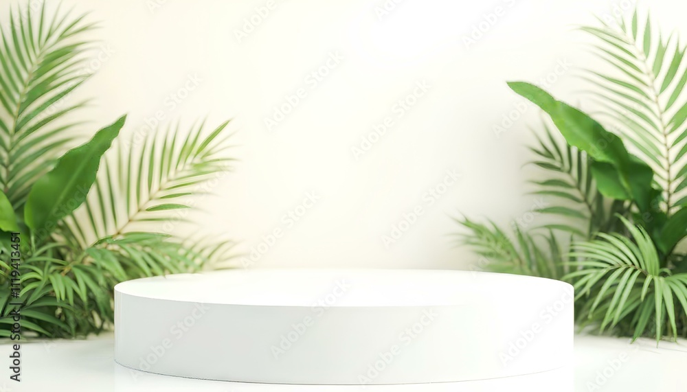 This image features a circular white podium placed in a lush green natural setting. The design emphasizes harmony between the clean, modern podium and the vibrant, organic background. This image features a circular white podium placed in a lush green natural setting. The design emphasizes harmony between the clean, modern podium and the vibrant, organic background.