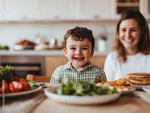 Family breakfast scene with human emotion rustic table in natural light capturing lifestyle moments photo