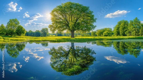 Fototapeta Naklejka Na Ścianę i Meble -  Majestic oak tree reflected in tranquil lake under sunny sky.