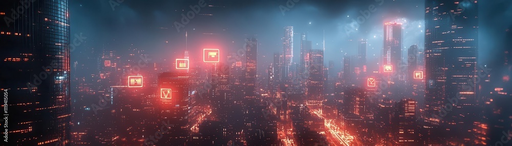 Fototapeta premium A symbolic futuristic cityscape where glowing payment icons connect global economies, dramatic cinematic hues