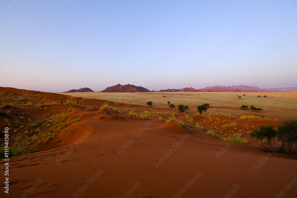 A vibrant Namibian desert scene captured from Elim Dune at sunset. The foreground showcases soft, wind-shaped sand dunes transitioning into golden savannah plains. A vibrant Namibian desert scene captured from Elim Dune at sunset. The foreground showcases soft, wind-shaped sand dunes transitioning into golden savannah plains.