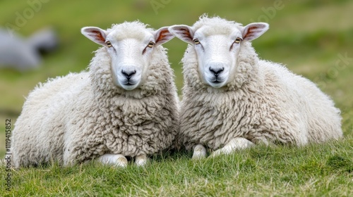 A Stunning Close-Up of Two Icelandic Sheep Resting Serenely in Lush Green Pasture: A Captivating Portrait of Peaceful Farm Animals