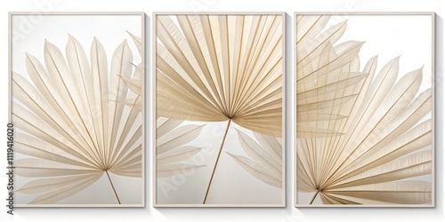 Set of Three Minimalist Botanical Panels with Subtle Palmetto Leaf Overlays