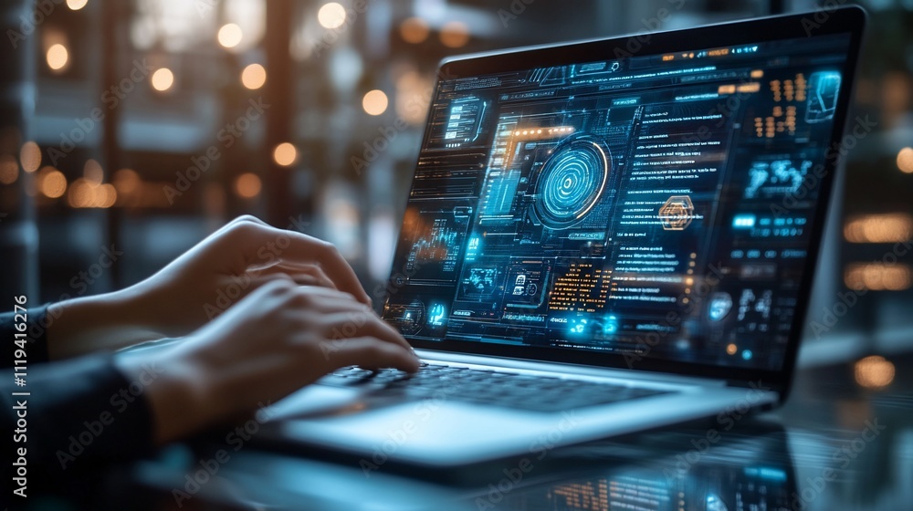 Person using laptop with futuristic interface. Person using laptop with futuristic interface.