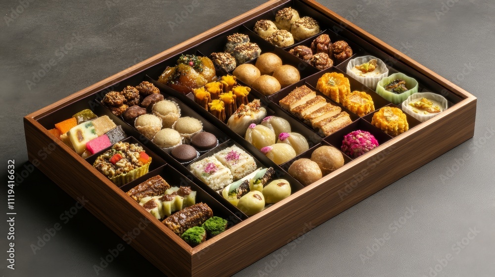 Assortment of Delicious Sweets in a Wooden Box Assortment of Delicious Sweets in a Wooden Box