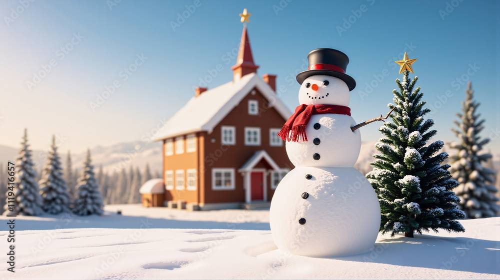 Obraz premium Snowman with hat, standing outdoors, welcoming Christmas and New Year's Day. AI generated.